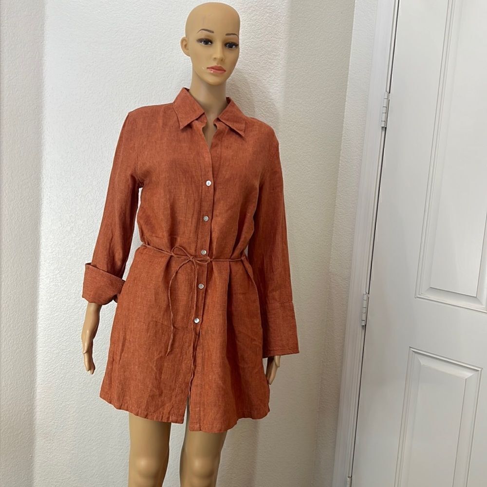 Camaieu Tunic Dress 💯 Linen Collar V Neck Rust Burnt Orange Belted 3/4 Sleeves